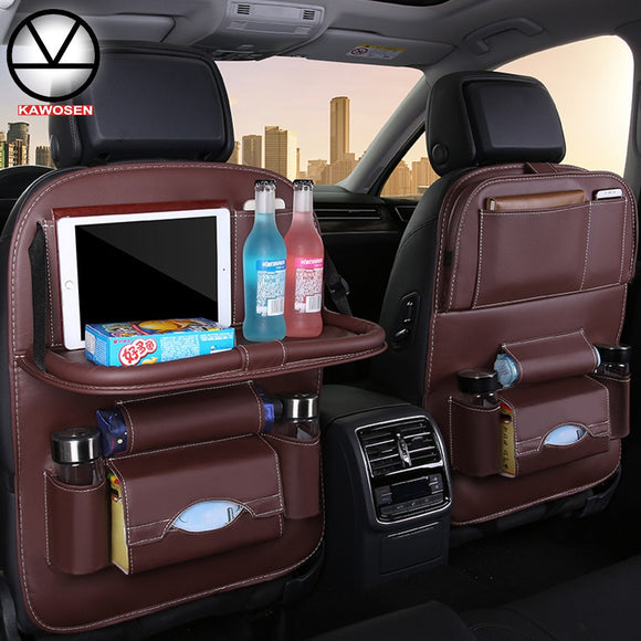 KAWOSEN Car Seat Back Bag Folding Table Organizer Pad Drink Chair Storage Pocket Box Travel PU Leather Stowing T