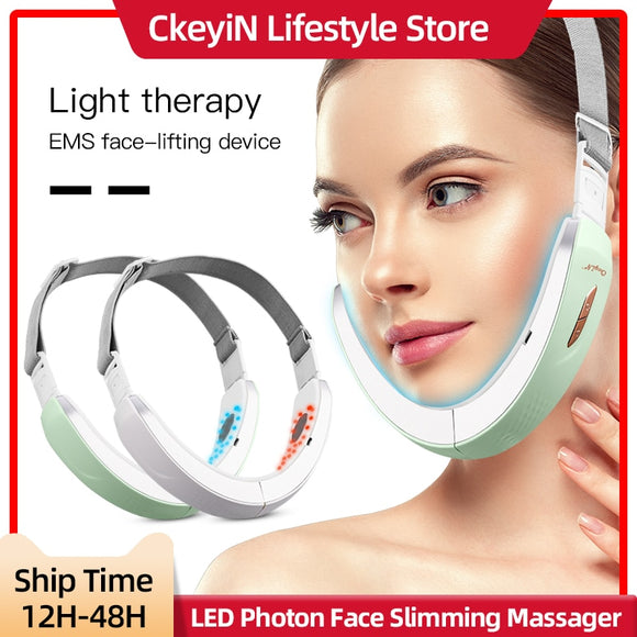 Chin V-shaped Lift Belt Machine Red Blue LED Photon Therapy Facial Lifting Device Face Slimming Galvanic Massager V-Face Care