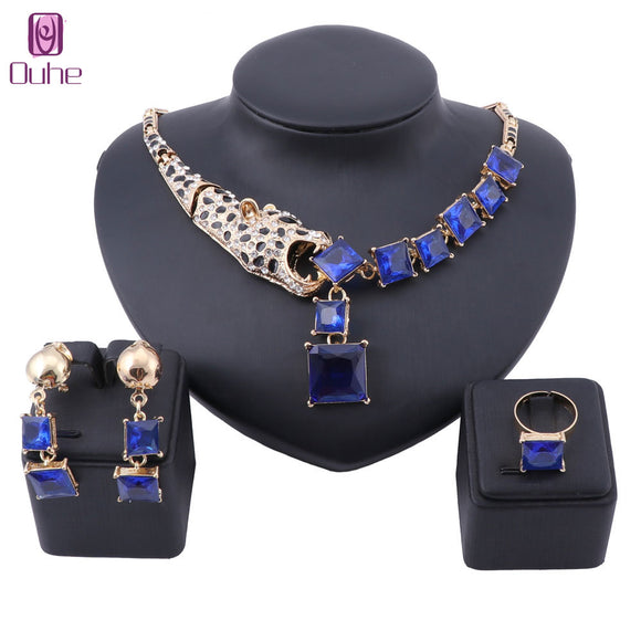 Luxury Gold Color Blue Crystal Leopard Statement Necklace Earring Ring For Women Party Wedding Jewelry Sets