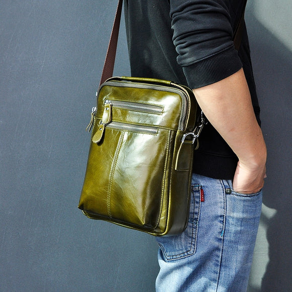 Quality Original Leather Male Casual Shoulder Messenger bag Green Fashion Cross-body Bag 10