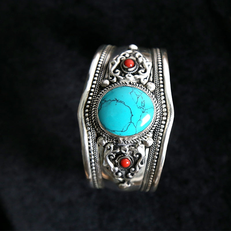 charming Handcraft Silver Bracelet Bohemian antique Inlaid Turquoise Bracelet