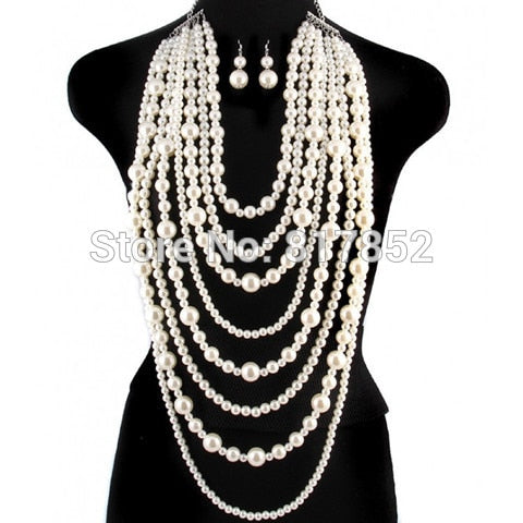 New Style P08 Women Fashion White Imitation Pearls Body Jewelry Layers Pearls Beads Necklace Earrings Body Jewelry