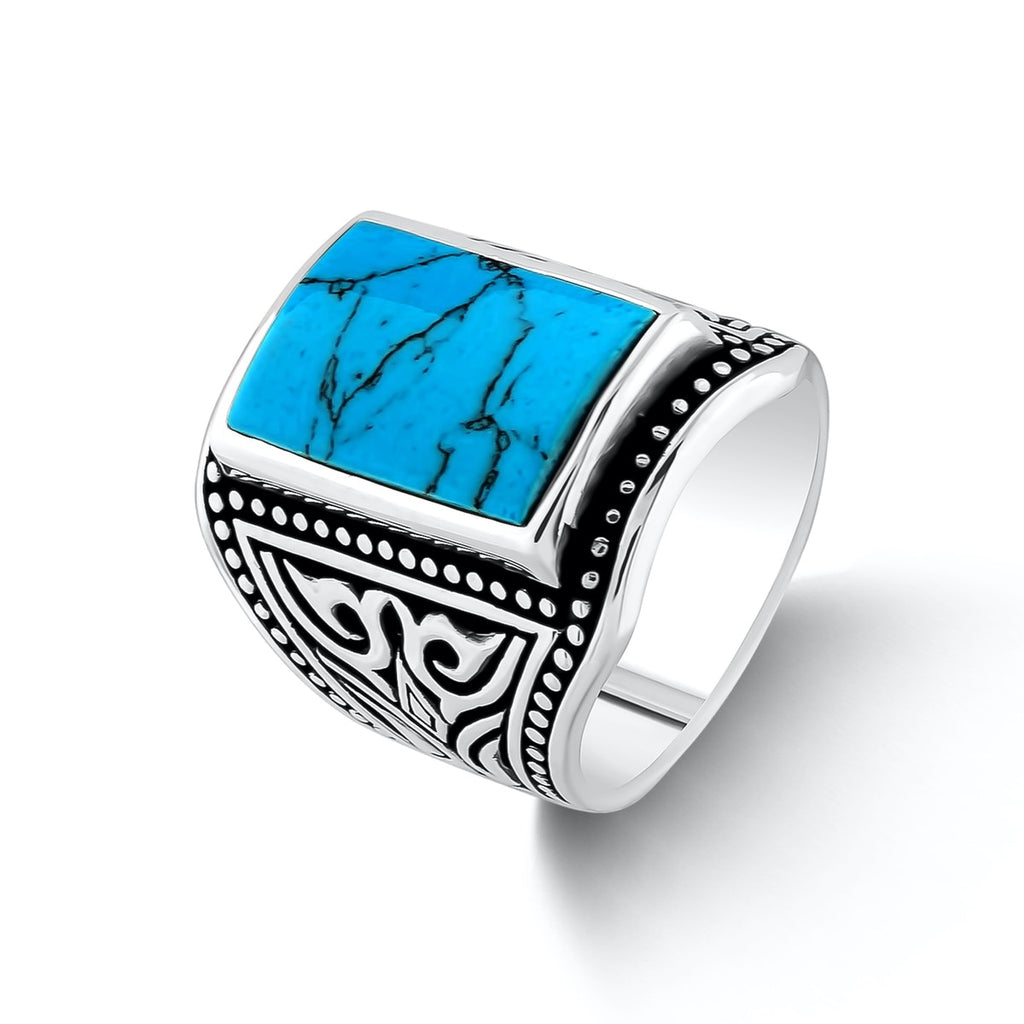 Sterling Silver Ring with Blue Rectangle Turquoise Gemstone For Men Handmade Silver Men Ring