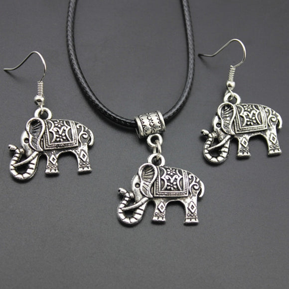 Vintage Elephant Shape Stainless Steel Pendant Jewelry Sets Earrings And Leather Necklace 12 Sets/Lot