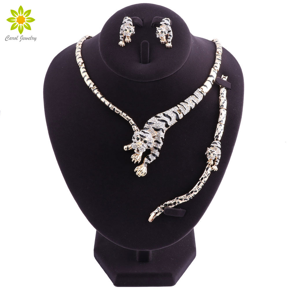 Leopard Pendant Jewelry Sets For Women Crystal Gold Color Necklace Earrings Bracelet Wedding Dress Accessories