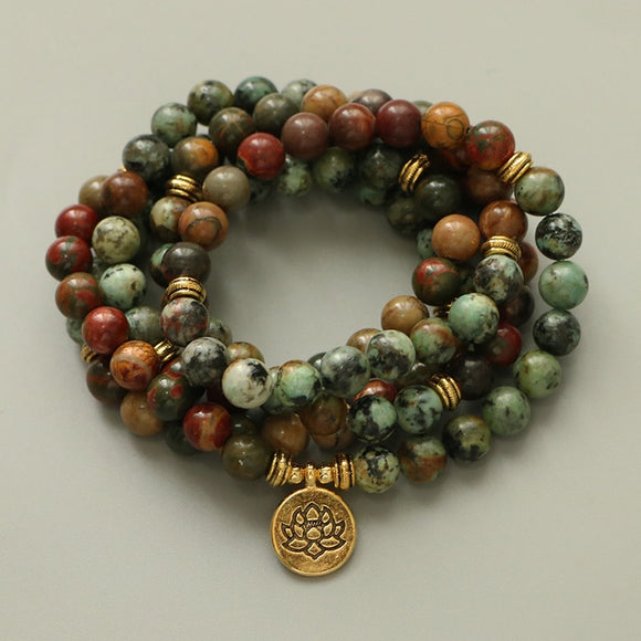 EDOTHALIA Red Picasso Stone & African Turquoisez Beads Mala Yoga Bracelet Women 108 Beads Meditation Lotus Bracelet