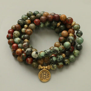 EDOTHALIA Red Picasso Stone &amp; African Turquoisez Beads Mala Yoga Bracelet Women 108 Beads Meditation Lotus Bracelet