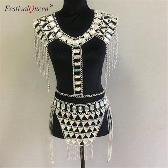 FestivalQueen crystal gem metal chain patchwork tank top mini skirts sets women tassel backless nightclub party 2 pieces set