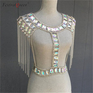 FestivalQueen crystal gem metal chain patchwork tank top mini skirts sets women tassel backless nightclub party 2 pieces set