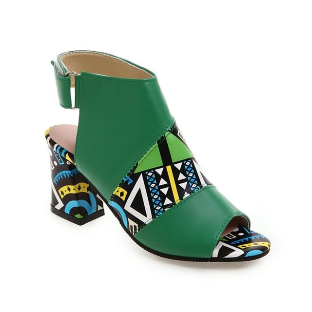 Women Stylish Print Sandals Boots Peep Toe Buckle Strap Summer High Heel Gladiator Shoes Woman Yellow Green sandalias mujer 2019